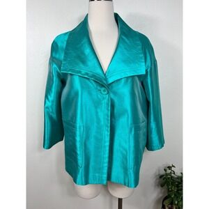 St. John Womens Teal Silk Blend 3/4 Sleeve Collared Jacket Size 8 Quiet Luxury